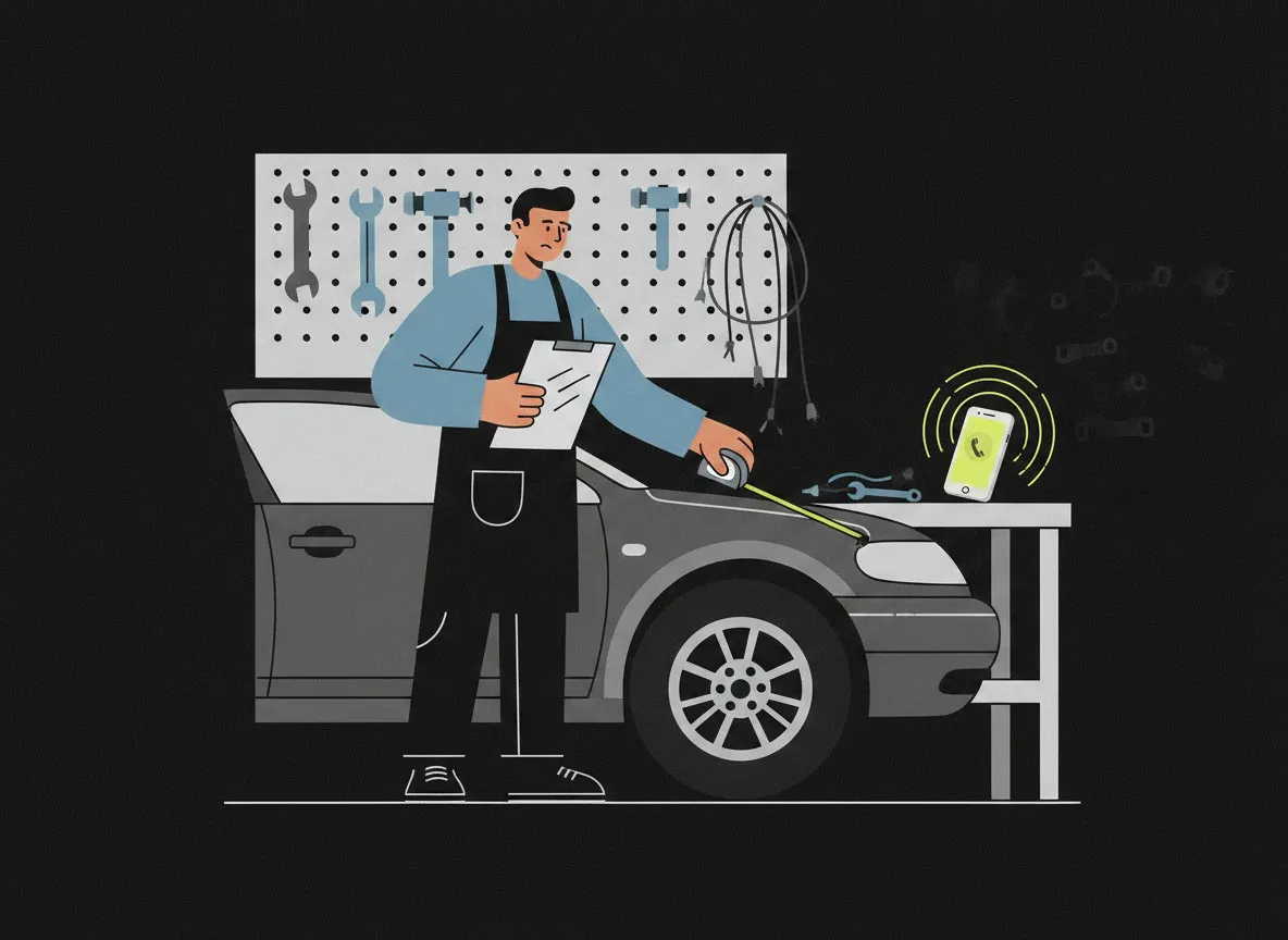 Illustration: An estimator at the collision intake bay, clipboard in hand beside a damaged bumper, the shop phone ringing…