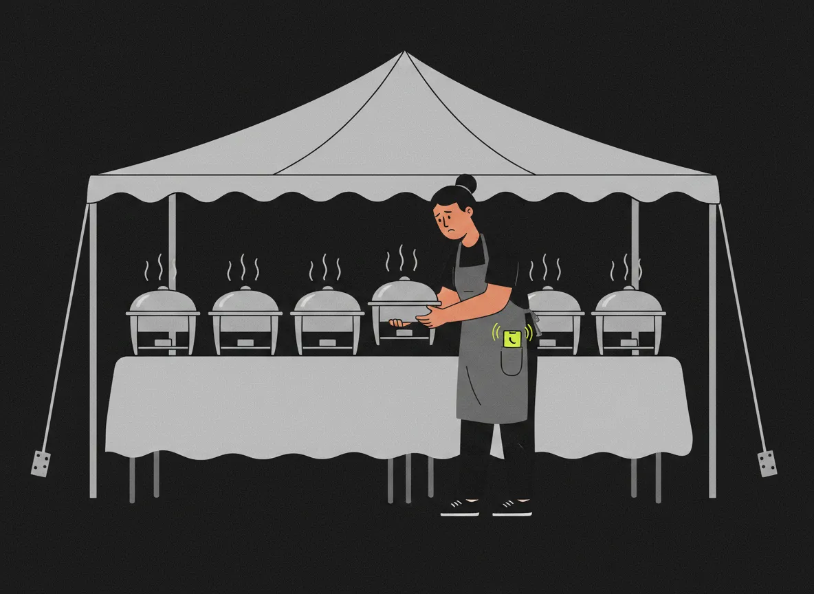 Illustration: A caterer mid-setup at a venue, arms full of chafing dishes, glancing at a phone buzzing unanswered on a…