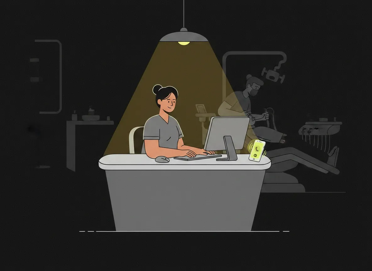 Illustration: A dental front desk sits swamped with three patients waiting to check out, the phone ringing unanswered on…