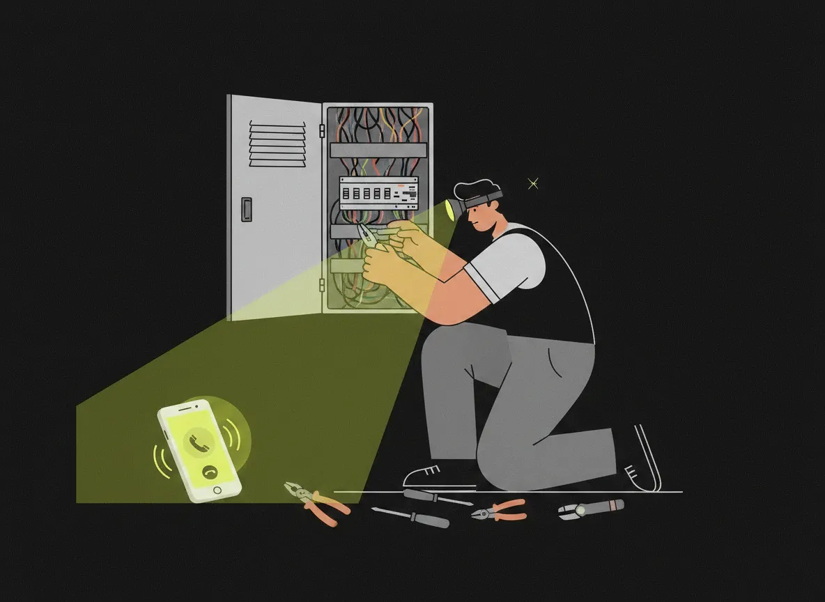 Illustration: An electrician crouched at an open breaker panel by flashlight after a storm, tools spread across the floor,…