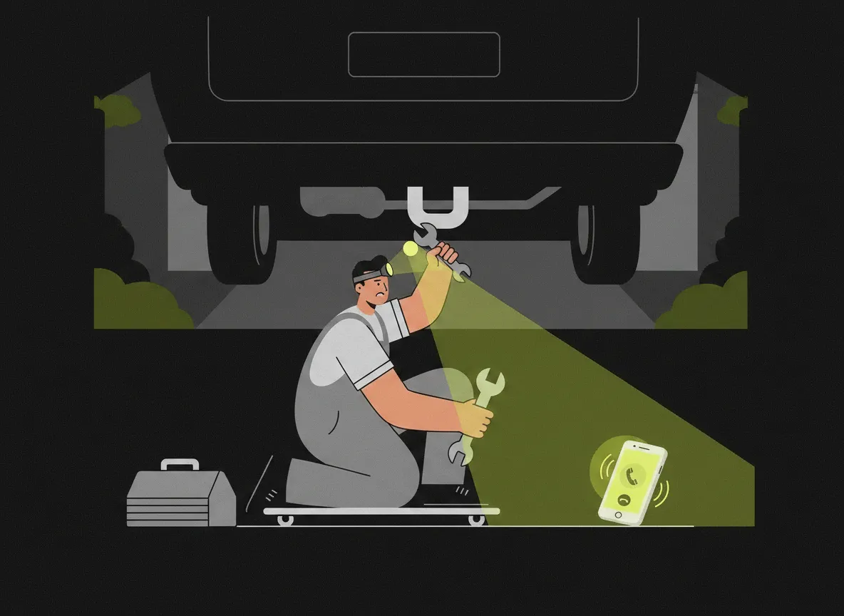 Illustration: A mobile mechanic under a car in a residential driveway, tool raised toward the undercarriage, a phone…