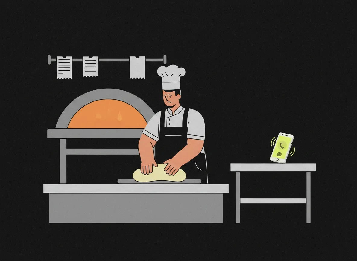 Illustration: A pizzeria line cook mid-rush, hands dusted in flour, glancing at a counter phone ringing unanswered while…