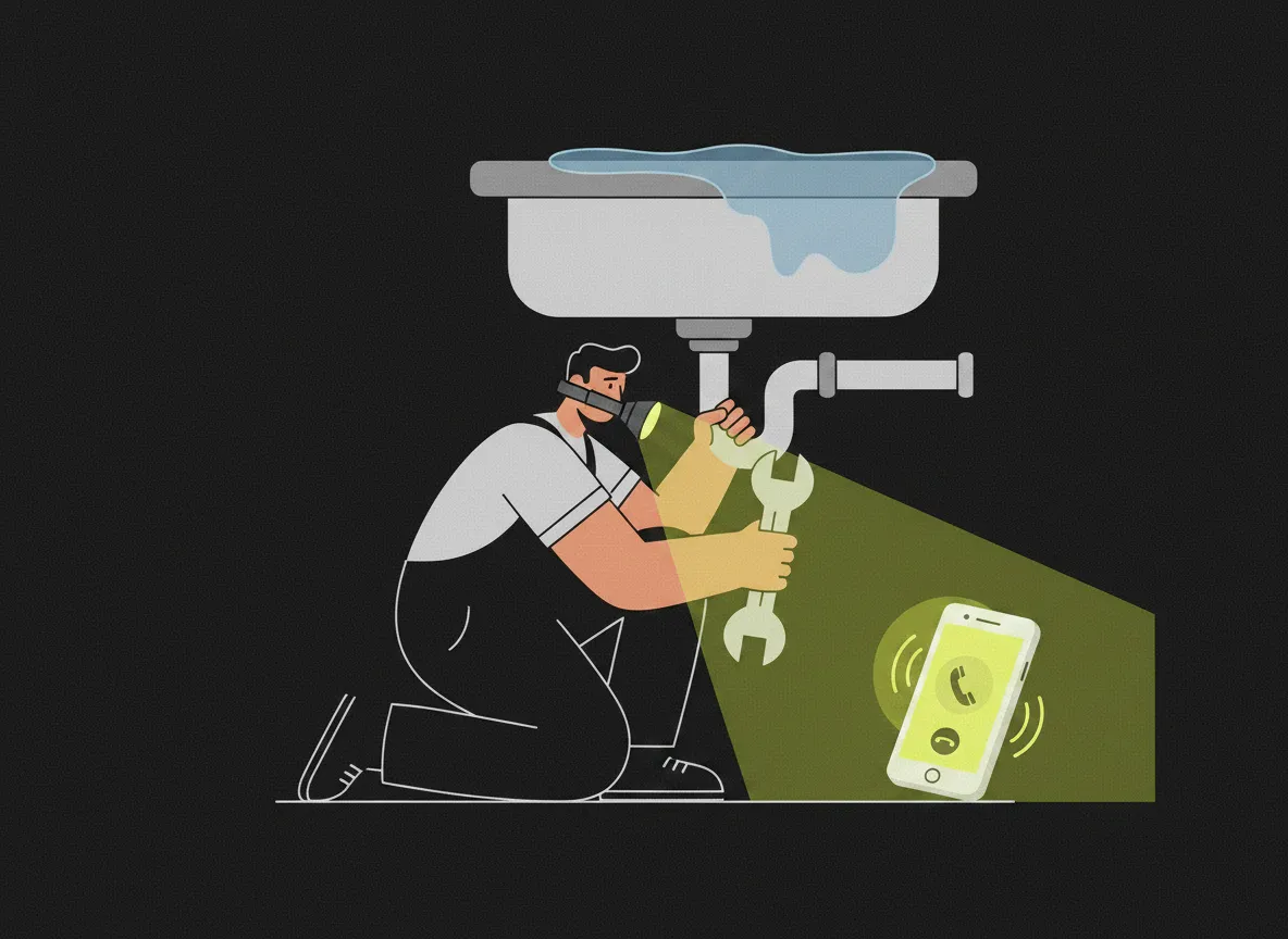 Illustration: A plumber on his back under a kitchen sink at night, flashlight in his teeth, wrench mid-turn. On the counter…