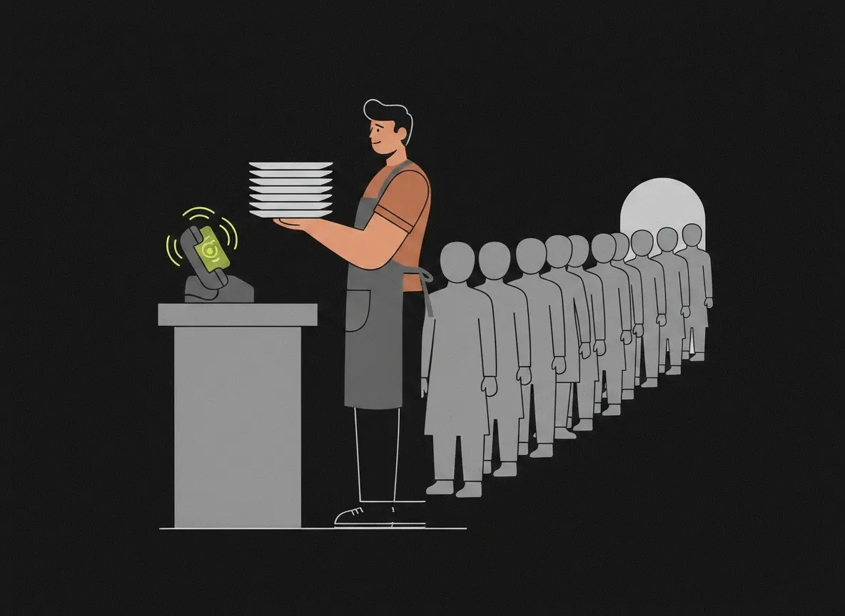 Illustration: A host stand with a line of waiting customers trailing out the door, a landline phone ringing unanswered…