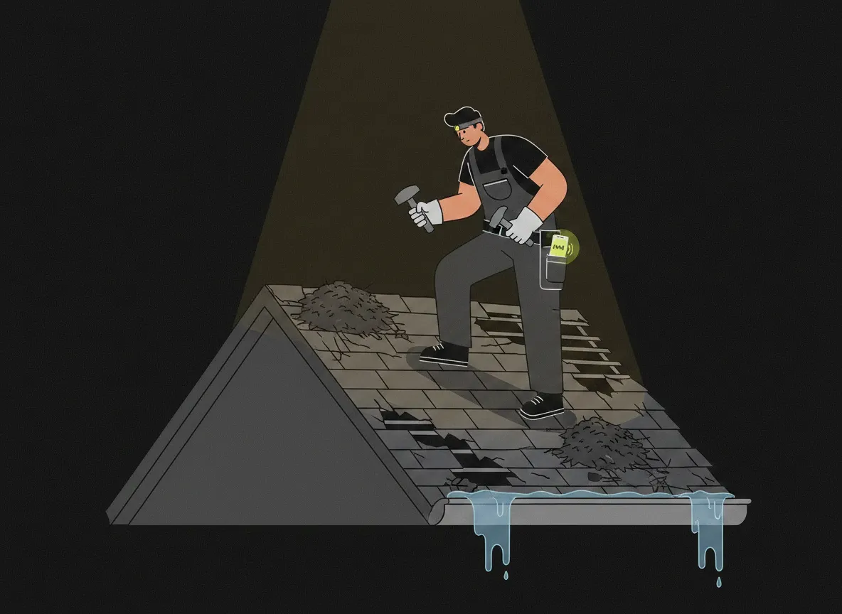 Illustration: A roofer stands on a storm-battered roof shingle-deep in debris, phone buzzing unanswered in a tool-belt…
